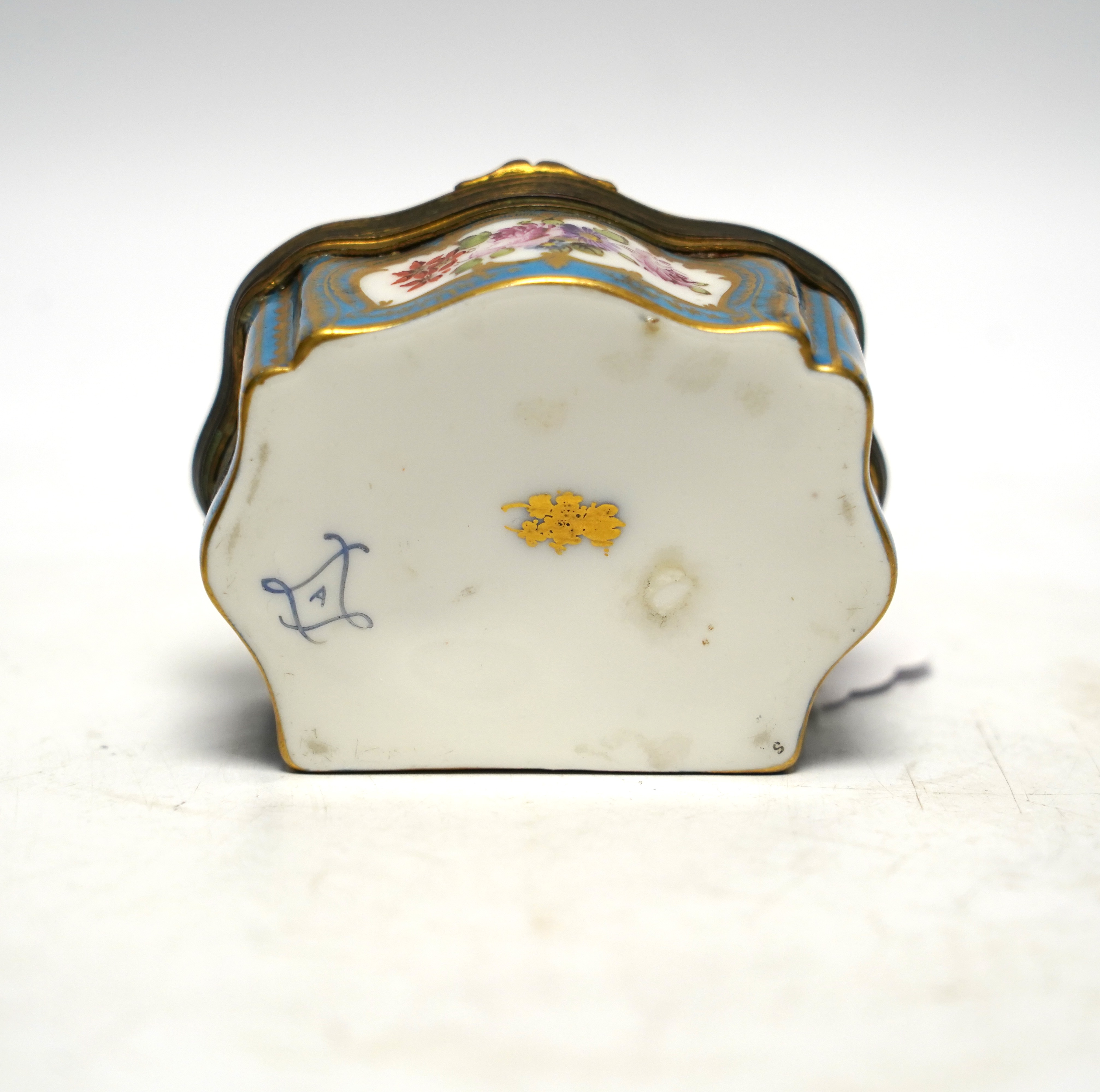 A South Staffordshire enamel bodkin case, 9cm wide, and three other enamel items; a patch box, thread holder and box with hinged cover.